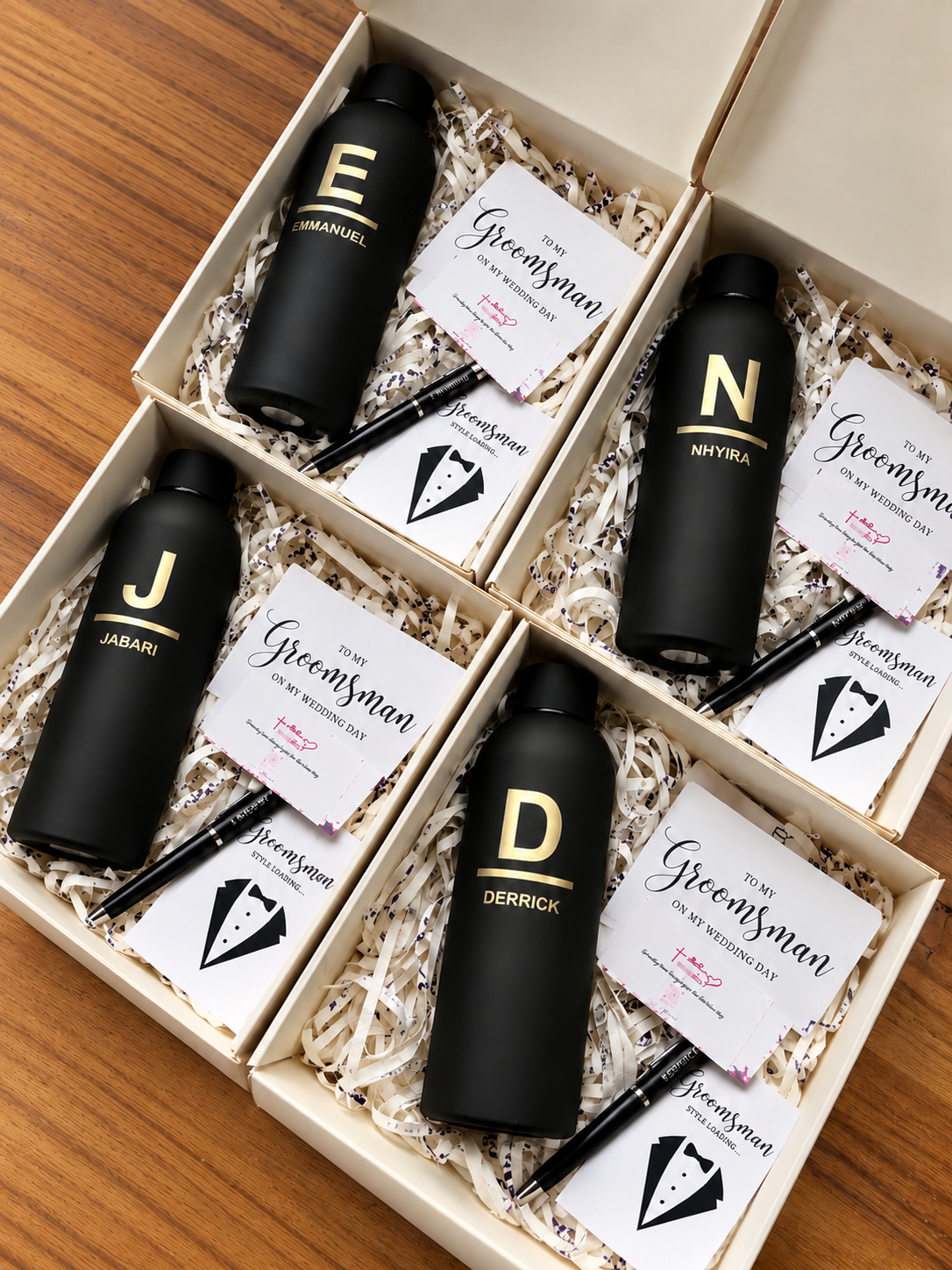 groomsmen box showing a tumbler and pen in a box