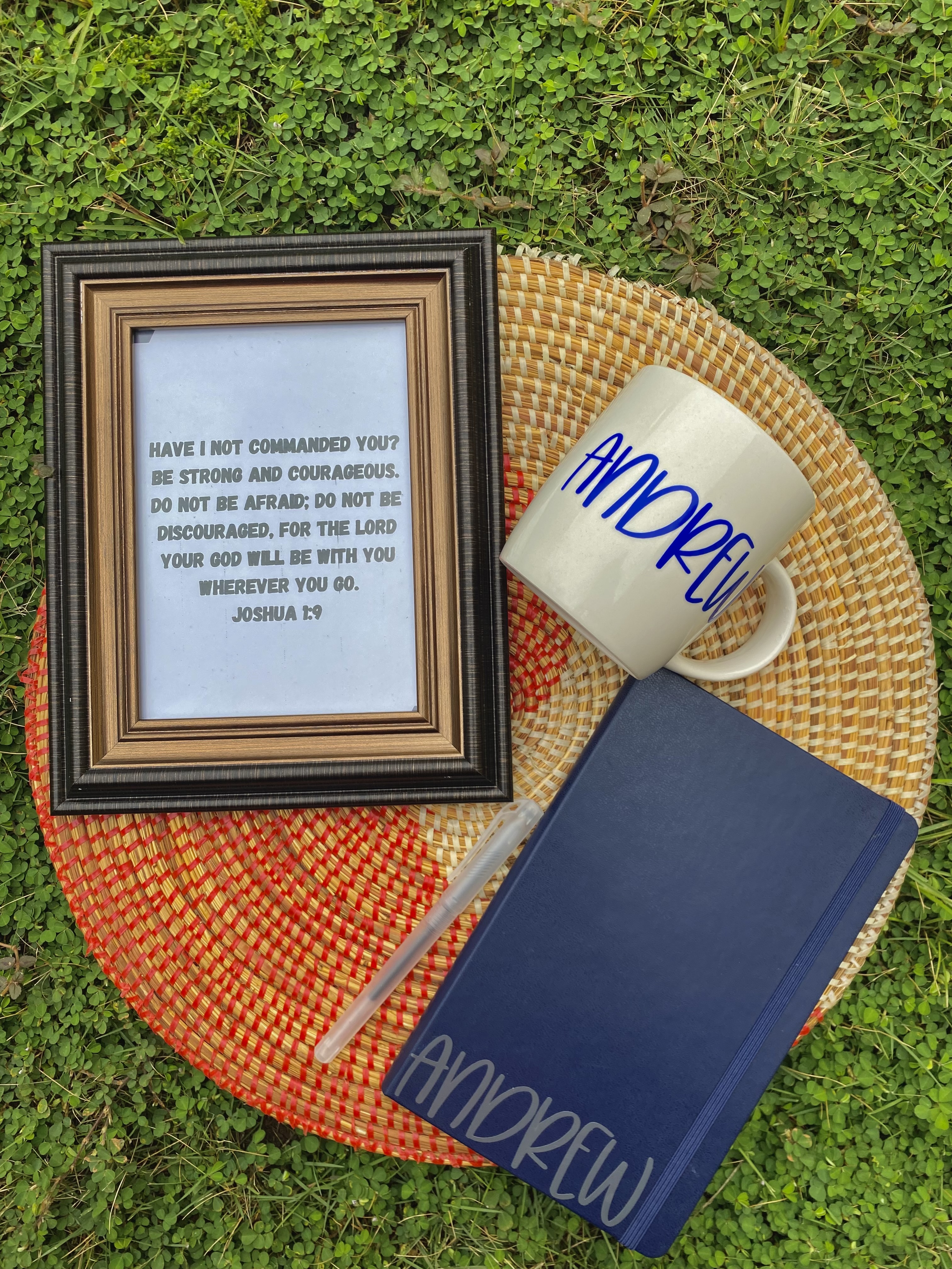 Customized Journal, mug, frame with the name Andrew