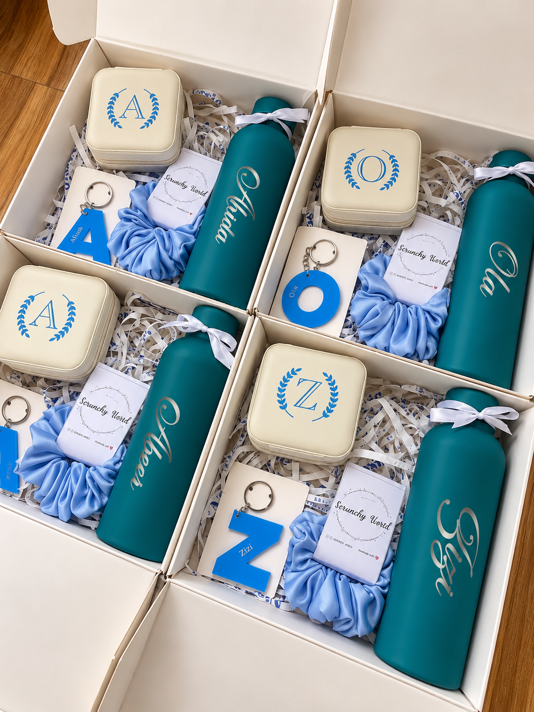 customized tumbler, jewelry box, keychain and scrunchie for bridesmaids in blue